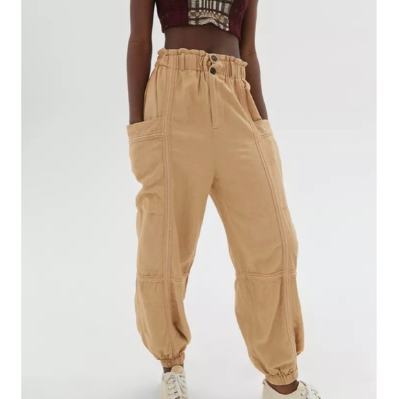 SOLD! UO Pants Isla Slouchy Linen Jogger Cargo Paperbag Pants Tan XS - Picture 12 of 16